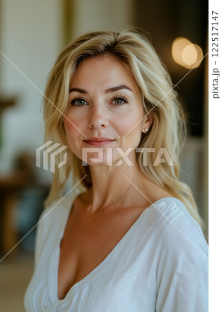 A woman with long blonde hair wearing a white top 122517147
