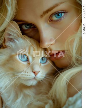 A woman with blue eyes and a cat laying on her lap 122517148