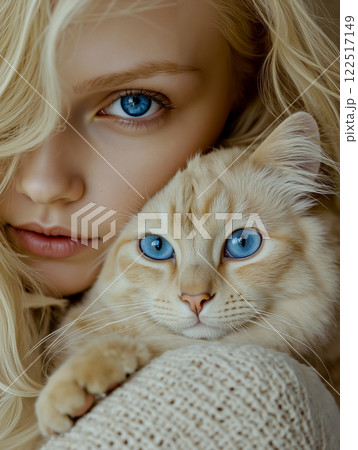 A young girl with blue eyes holding a cat 122517149