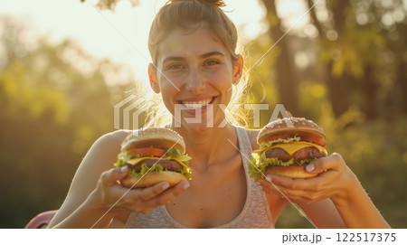 A woman holding two hamburgers in her hands 122517375