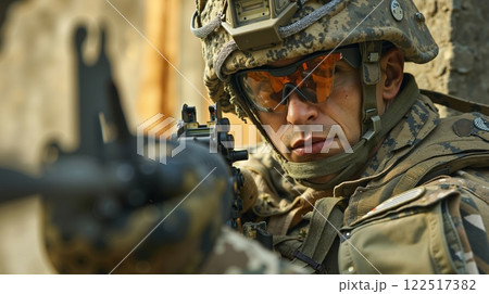 A man in a military uniform holding a rifle 122517382