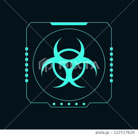 UI digital icon. Radioactivity pictogram. Radiation warning. Nuclear energy. Power atomic reactor. Danger toxic pollution. Risk caution. Radioactive computer sign. Neon frame. Vector attention symbol 122517629