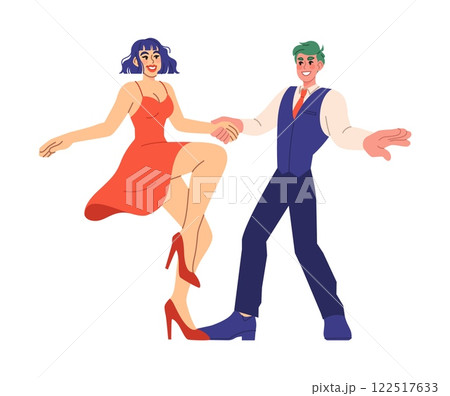 Dancing couple. Man and woman dancers. Romantic leisure time or hoppy. Choreographic studio characters. Waltz, latino or rumba. Boy and girl on party. Cartoon flat style isolated vector illustration 122517633
