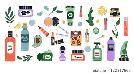 Product skincare. Beauty skin care lotion, organic shampoo. Flat doodle spa icon, bottle, oil, toothpaste. Eco-friendly body collection. Bathroom natural soap, Vector tidy cartoon isolated minimal set Product skincare. Beauty skin care lotion, organic shampoo. Flat doodle spa icon, bottle, oil, toothpaste. Eco-friendly body collection. Bathroom natural soap, Vector tidy cartoon isolated minimal set 122517660