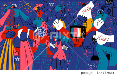 Abstract persons. Young characters group. Happy people smile and love. Energetic team of youth. Fun crowd community. Disco music party. Zoomers dancing. Nightclub entertainment. Vector illustration 122517684