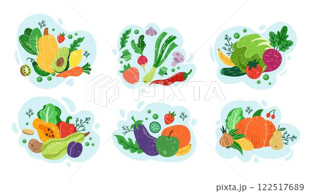 Food healthy. Vegetables composition cartoon, ingredients for salad. Green leaf, tomato, organic avocado, pumpkin, carrot. Veggie set of graphic agriculture. Vector tidy healthy garden illustration Food healthy. Vegetables composition cartoon, ingredients for salad. Green leaf, tomato, organic avocado, pumpkin, carrot. Veggie set of graphic agriculture. Vector tidy healthy garden illustration 122517689