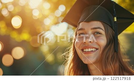 A woman in a graduation cap and gown smiles at the camera 122517918