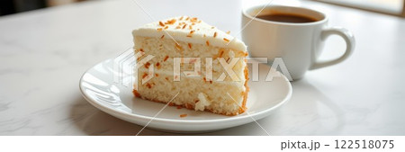 Delicious slice of coconut cake served with a cup of coffee at a cozy cafe setting during the afternoon 122518075