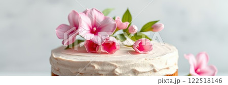 Beautifully decorated cake topped with fresh pink flowers on a clean kitchen countertop 122518146