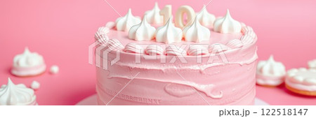 Beautiful pink birthday cake adorned with whipped cream and a celebration number on top for a special occasion 122518147