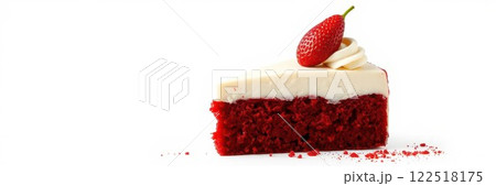 Delicious red velvet cake with cream cheese frosting and fresh strawberry on top served on a white background Delicious red velvet cake with cream cheese frosting and fresh strawberry on top served on a white background 122518175