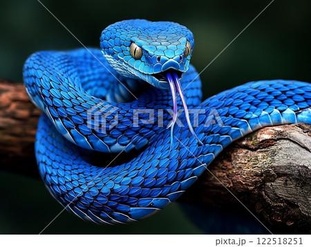 Striking blue snake coiled on a branch, with intricate scales and sharp eyes. Striking blue snake coiled on a branch, with intricate scales and sharp eyes. 122518251