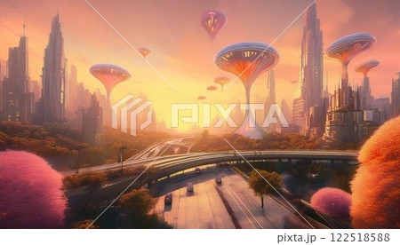幻想的な未来都市の夕景 – 浮遊する車と近未来的な建築 幻想的な未来都市の夕景 – 浮遊する車と近未来的な建築 122518588