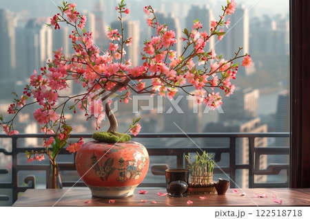 A beautiful bonsai tree with pink flowers against a city skyline backdrop. A beautiful bonsai tree with pink flowers against a city skyline backdrop. 122518718