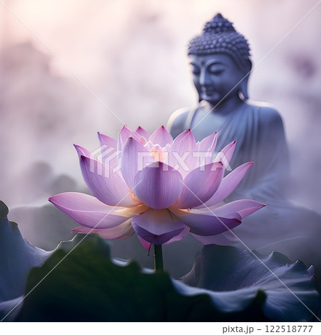 Lavender Lotus Buddha Gentle Presence in Fog 122518777