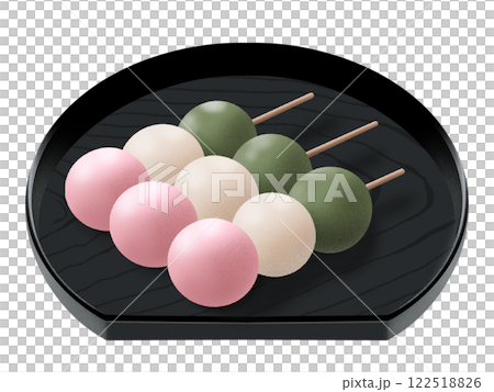 Three-colored dumplings on a black plate 122518826