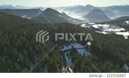 Aerial shot of the snow covered Chartreuse Mountains in winter, direction to Grenoble, France 122518887