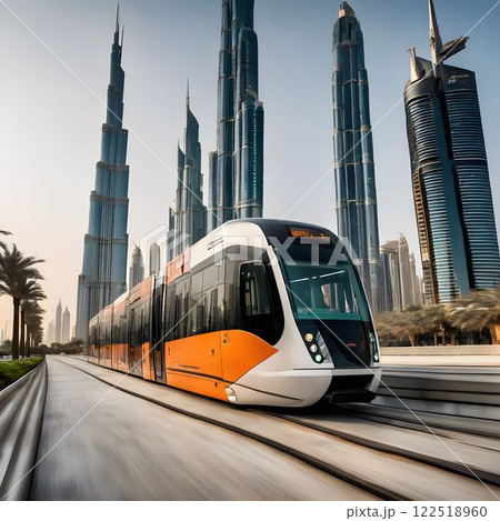 Modern Mobility: A Sleek Tram Amidst Dubai's Iconic Skyscrapers 122518960