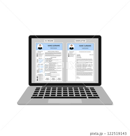 Resume template on laptop screen. Male CV and cover letter. Minimalistic curriculum vitae design. Employment, recruitment, human resources management or hiring concept vector illustration. 122519143