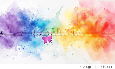 Watercolor painting with bright colors of rainbow colors, butterflies and musical notes on a white background Watercolor painting with bright colors of rainbow colors, butterflies and musical notes on a white background 122519334