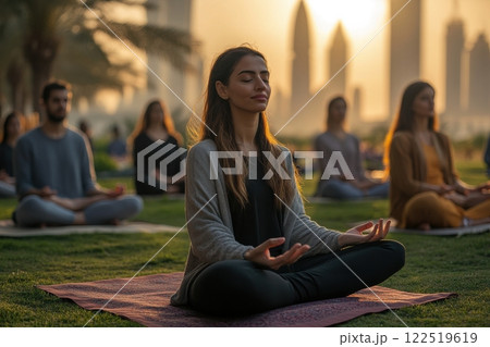 Meditation gathering at sunset in urban park group serenity peaceful environment mindfulness experience Meditation gathering at sunset in urban park group serenity peaceful environment mindfulness experience 122519619