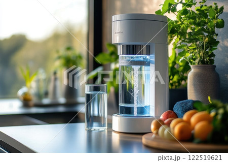 A white water dispenser sits on a counter next to a glass of water 122519621