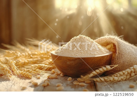 Flour production process bakery food photography rustic setting close-up view culinary artistry Flour production process bakery food photography rustic setting close-up view culinary artistry 122519650
