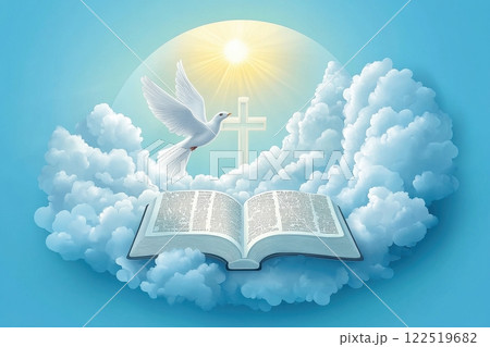 Spiritual harmony dove open book cross heavenly clouds serene environment inspirational concept 122519682