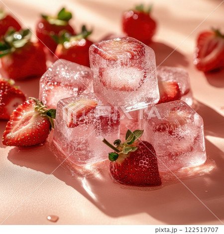 Refreshing strawberry ice cubes culinary delight kitchen close-up food presentation summer vibes 122519707