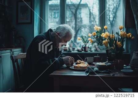 Reflective meal cozy kitchen personal story indoor close-up nostalgia 122519715