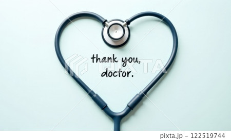 Minimalist style on a blue background, a stethoscope in the shape of a heart, inside which the inscription Thank you doctor 122519744
