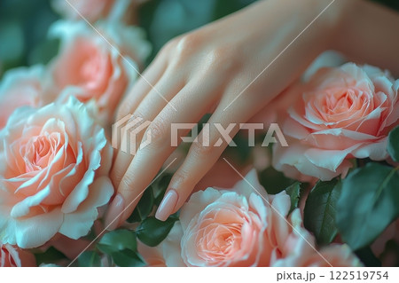 Delicate hand touching soft pink roses floral garden close-up photography serene nature artistic perspective beauty in bloom Delicate hand touching soft pink roses floral garden close-up photography serene nature artistic perspective beauty in bloom 122519754