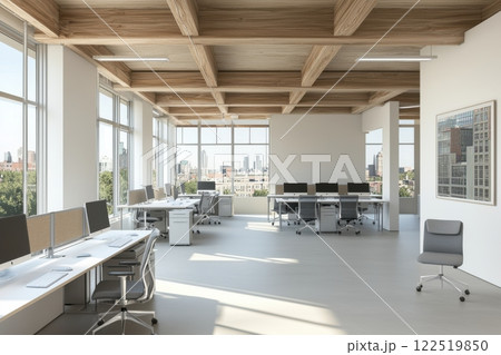 Modern office space with panoramic views urban setting interior design bright environment wide angle professional concept Modern office space with panoramic views urban setting interior design bright environment wide angle professional concept 122519850