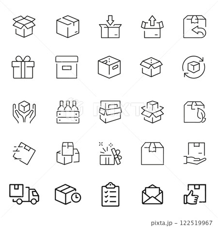 Delivery boxes and package, thin line icon set. Symbol collection in transparent background. Delivery service icon set. Delivery boxes and package, thin line icon set. Symbol collection in transparent background. Delivery service icon set. 122519967