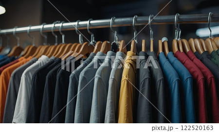 A close-up view of various colorful t-shirts hanging on wooden hangers in a clothing store, showcasing casual fashion options. A close-up view of various colorful t-shirts hanging on wooden hangers in a clothing store, showcasing casual fashion options. 122520163
