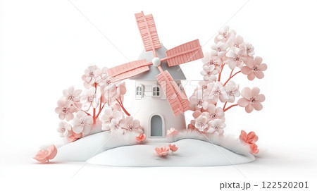 windmill surrounded by blooming cherry blossoms on a sunny day. Spring celebration and rural charm concept. 122520201