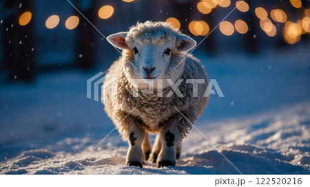 Sheep on snowy street with glowing lights 122520216