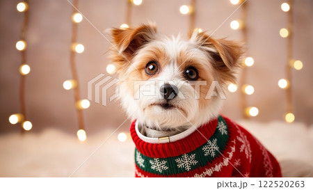 A small dog in a Christmas sweater sits by Christmas lights A small dog in a Christmas sweater sits by Christmas lights 122520263