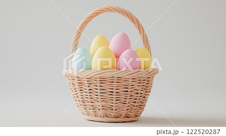 wicker basket filled with colorful Easter eggs on a neutral background. Holiday and decoration concept. wicker basket filled with colorful Easter eggs on a neutral background. Holiday and decoration concept. 122520287