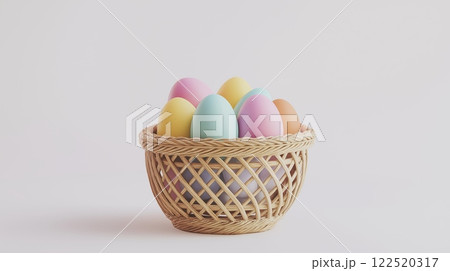 Basket filled with colorful painted Easter eggs on a soft white background. Basket filled with colorful painted Easter eggs on a soft white background. 122520317
