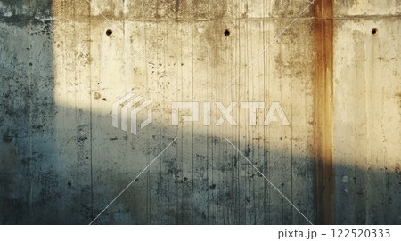 A concrete wall displays an array of natural textures and intricate light patterns, creating a striking visual in an urban environment during dusk 122520333