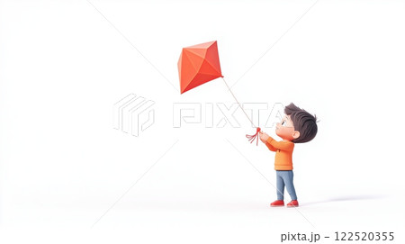3D icon of a child flying a kite on a clean white background. Joyful outdoor activity and carefree childhood concept. 3D icon of a child flying a kite on a clean white background. Joyful outdoor activity and carefree childhood concept. 122520355