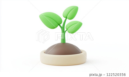 3D icon of a fresh green sapling emerging from a small mound of soil. Growth and eco-friendly concept. 3D icon of a fresh green sapling emerging from a small mound of soil. Growth and eco-friendly concept. 122520356