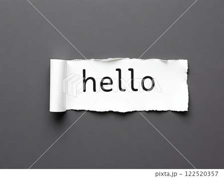 A small piece of torn paper that has the word hello elegantly written on it A small piece of torn paper that has the word hello elegantly written on it 122520357