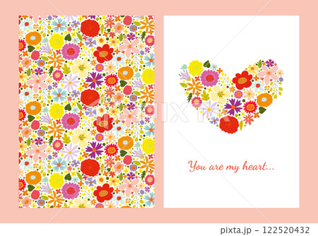 Cute set of vintage floral cards. Heart shape with flowers and leaves. Beautiful card for greeting, invitation, wedding, party, reception, baby shower, mother's day, valentine. Vector mockup Cute set of vintage floral cards. Heart shape with flowers and leaves. Beautiful card for greeting, invitation, wedding, party, reception, baby shower, mother's day, valentine. Vector mockup 122520432