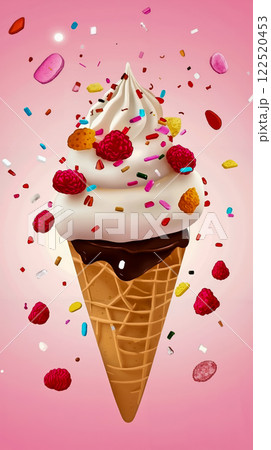 An ice cream cone with sprinkles and raspberries on a pink background 122520453