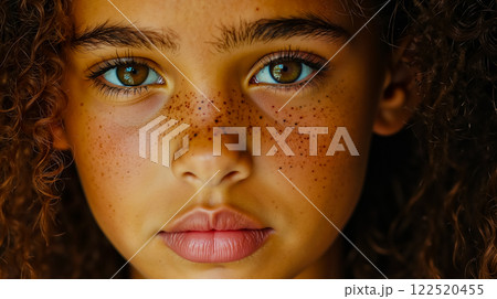 A close up of a young girl with freckles on her face 122520455