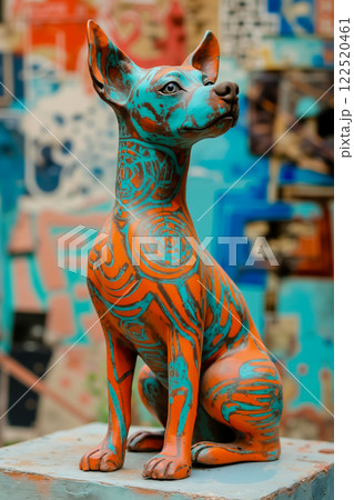 A dog statue sitting on top of a cement block 122520461