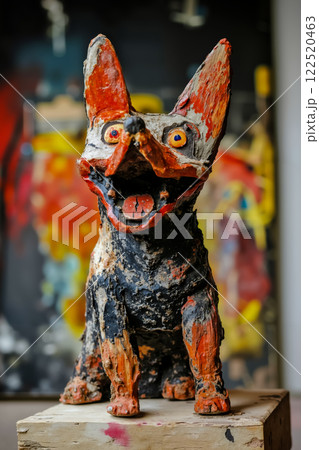 A sculpture of a dog sitting on top of a wooden block 122520463