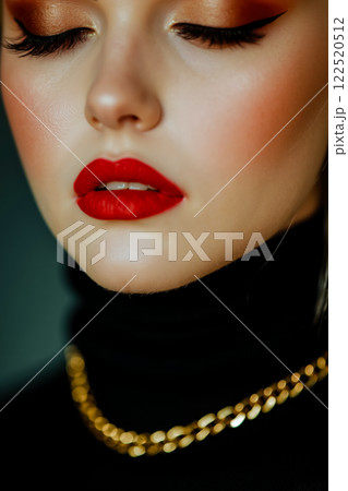 A close up of a woman with red lipstick and a gold necklace 122520512
